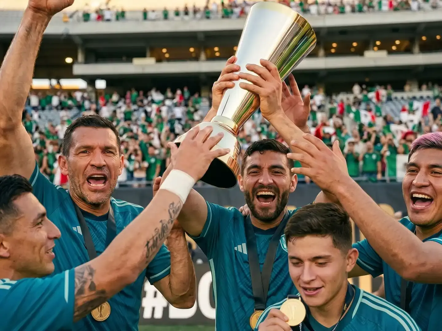 Players on a soccer team celebrate by raising a trophy after winning a championship.